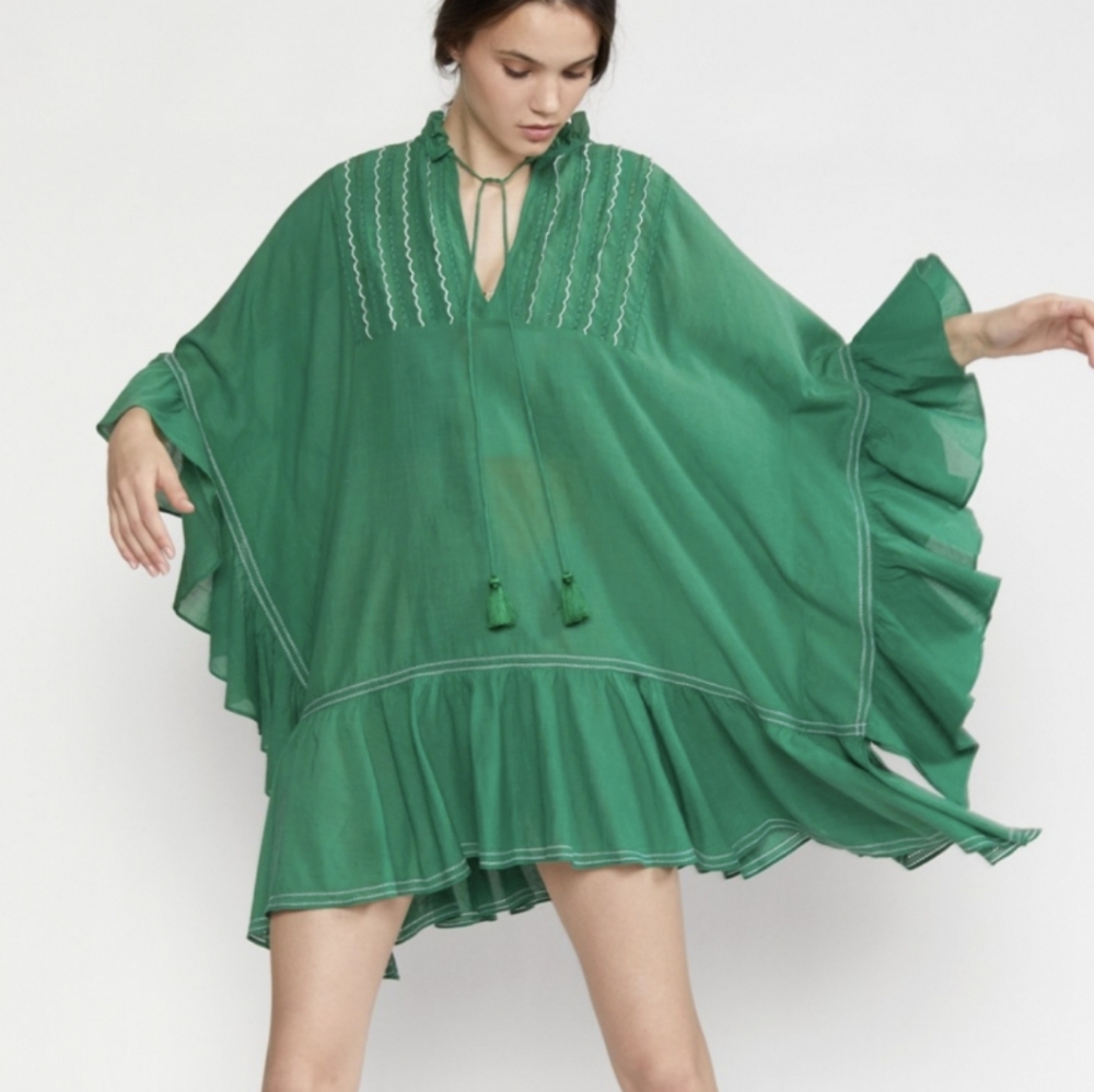 Cynthia Rowley Short Kaftan Dress Embroidered Eyelet Green Boho Resort Summer L